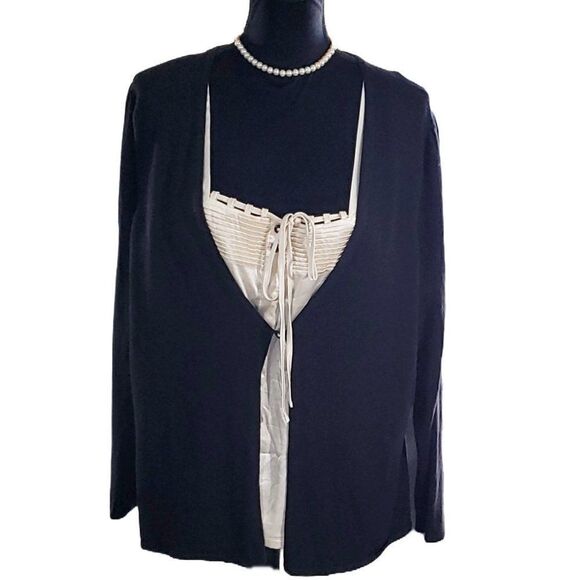 Lane Bryant Black Knit White Satin Rhinestone Button 2 in 1 Cardigan Size 22/24 - Picture 1 of 7